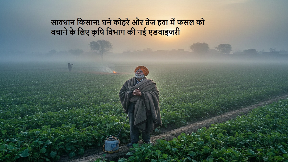 घने कोहरे के बीच खेत में खड़ी फसल और किसान के लिए मौसम विभाग की सलाह
