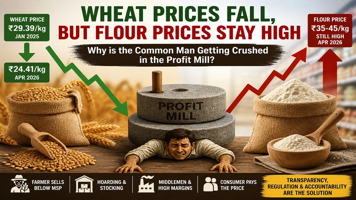 Infographic showing wheat prices decreasing from ₹29.39/kg to ₹24.41/kg while flour prices remain high at ₹35–45/kg, with a millstone crushing a common man to symbolize profit margins, hoarding, and middlemen impact.