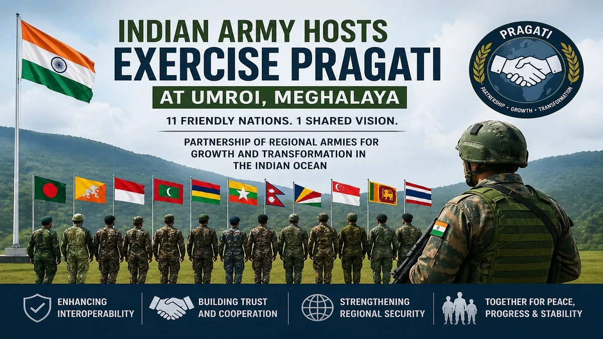 Indian Army hosting Exercise Pragati in Umroi Meghalaya with soldiers and flags of 11 nations multinational military drill