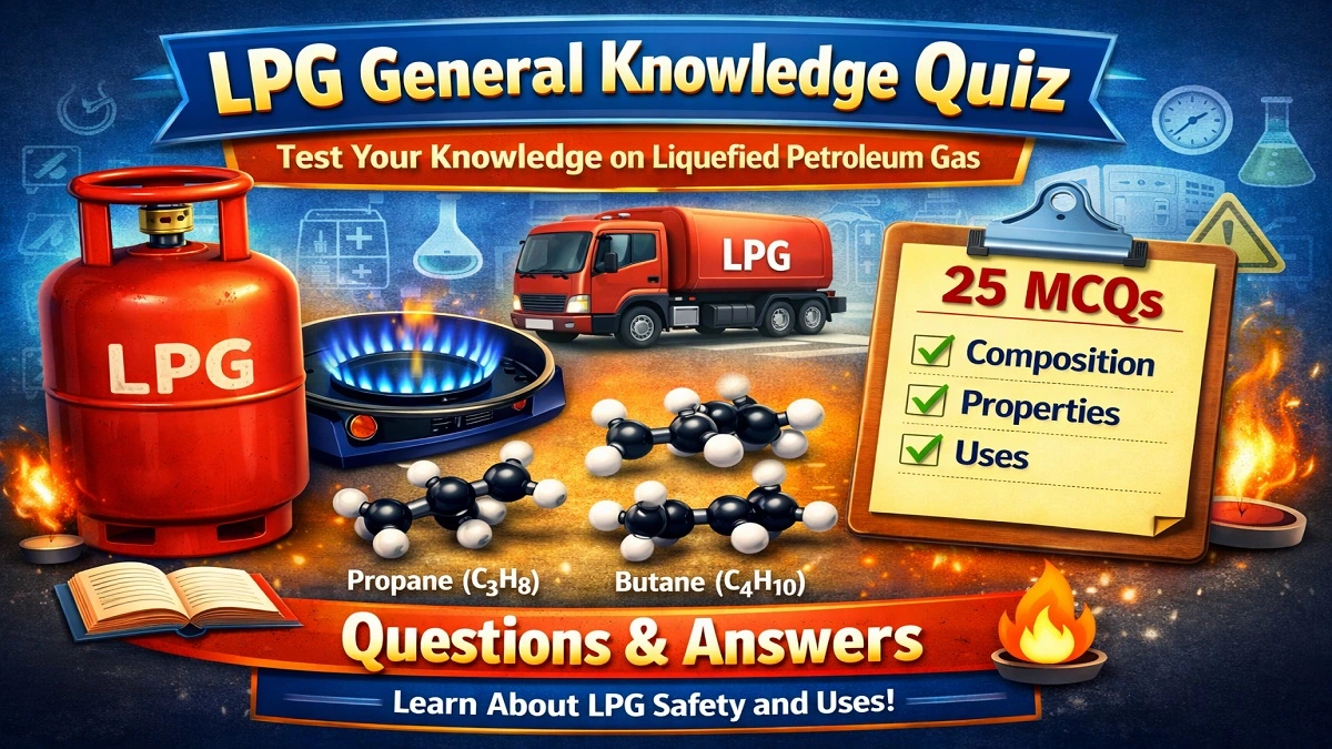 LPG general knowledge quiz with multiple choice questions about liquefied petroleum gas composition uses and properties
