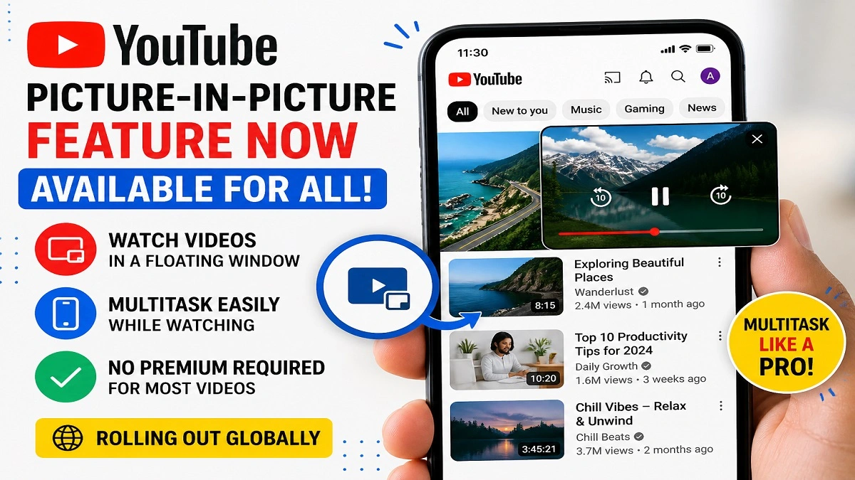 YouTube Picture-in-Picture (PiP) feature on smartphone showing video playing in small floating window while multitasking